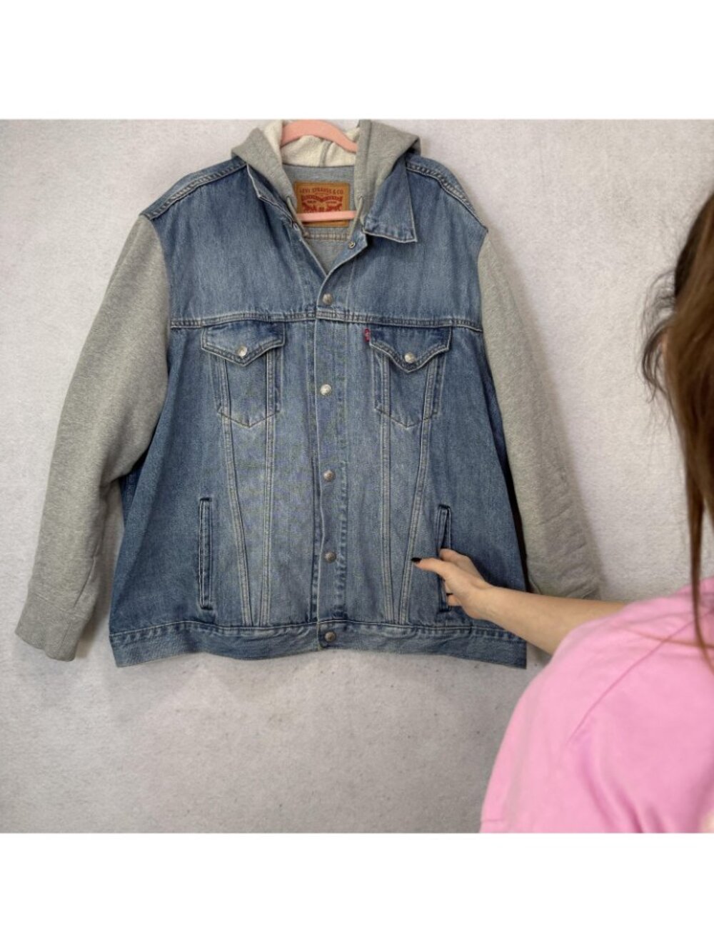 Levi's Jacket Mens 2XL Blue Denim Hooded Varsity Gray Sleeves Lined Fleece - Picture 4 of 12